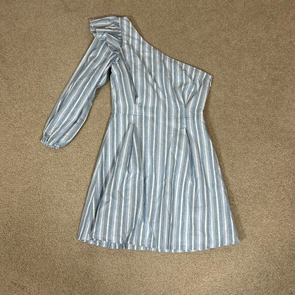 NWT Majorelle Jennie Mini Dress Blue Chambray Stripe One Shoulder Ruffled Sz XS - Picture 2 of 6
